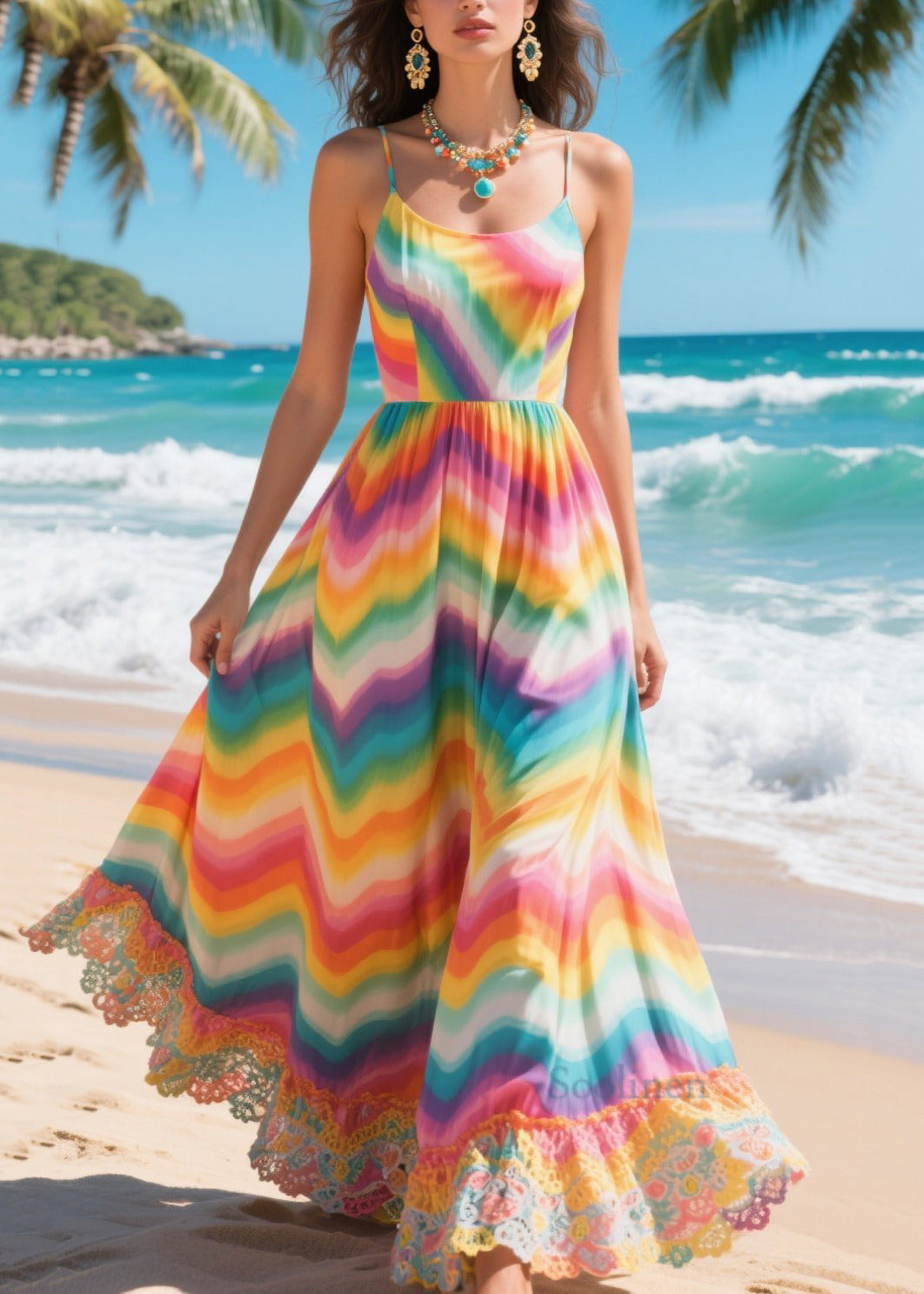 Rainbow Exra Large Hem Patchwork Lace Chiffon Dress Summer