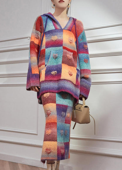 Rainbow Hole Hooded Sweaters and Maxi Skirts Knitted Cotton Thread Two Pieces Set Spring
