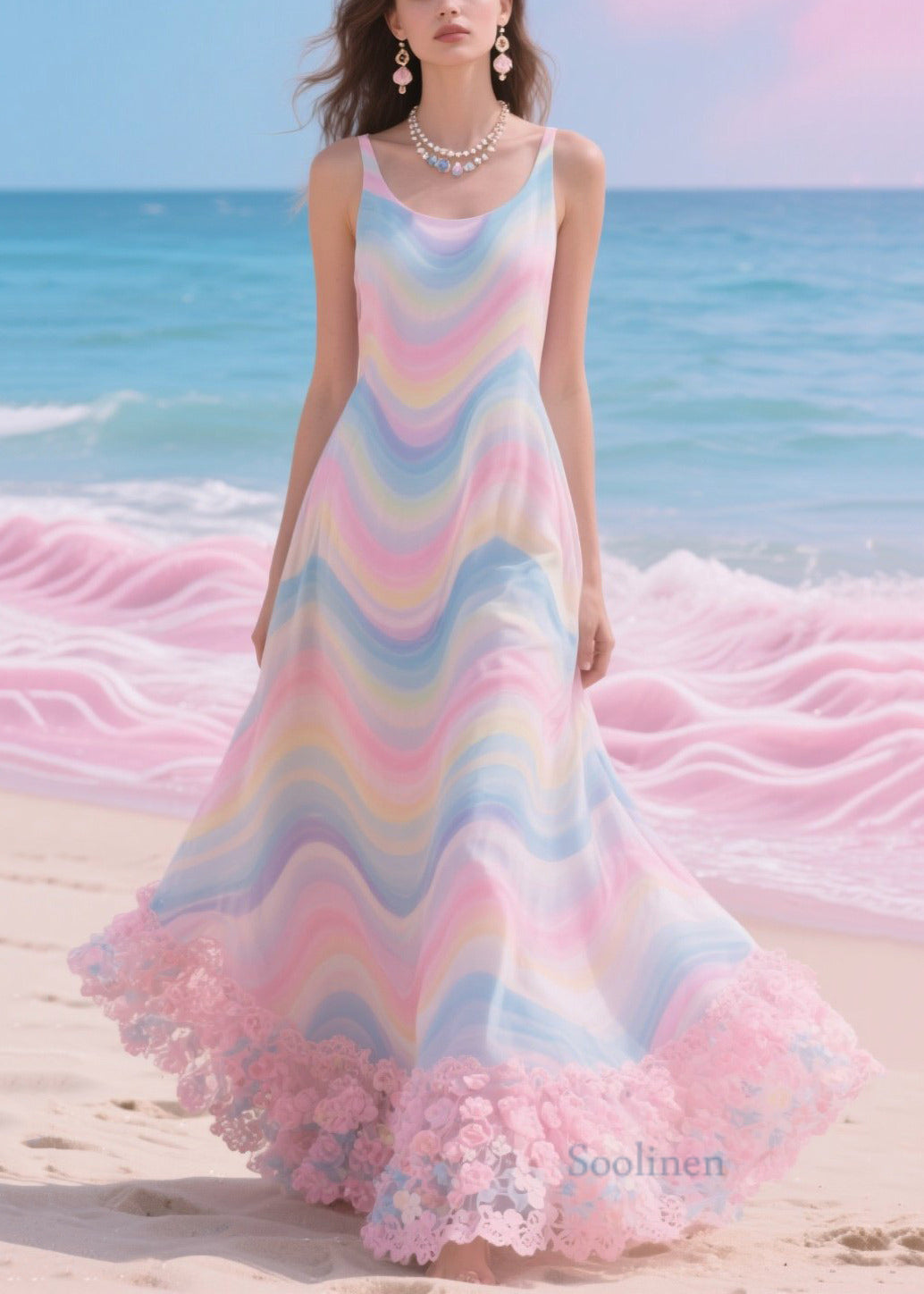Rainbow Patchwork Flower Lace Chiffon Beach Dress Summer