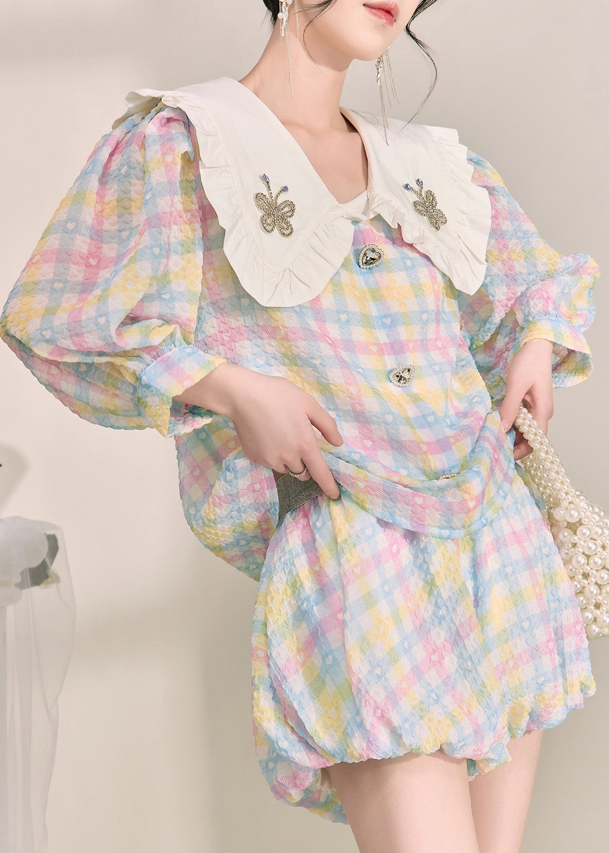 Rainbow Peter Pan Collar Striped Cotton Shirts and Shorts Two Pieces Set Fall