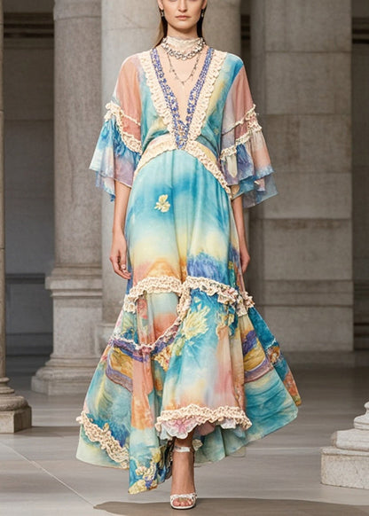 Rainbow Ruffled Patchwork Chiffon Maxi Dress Summer