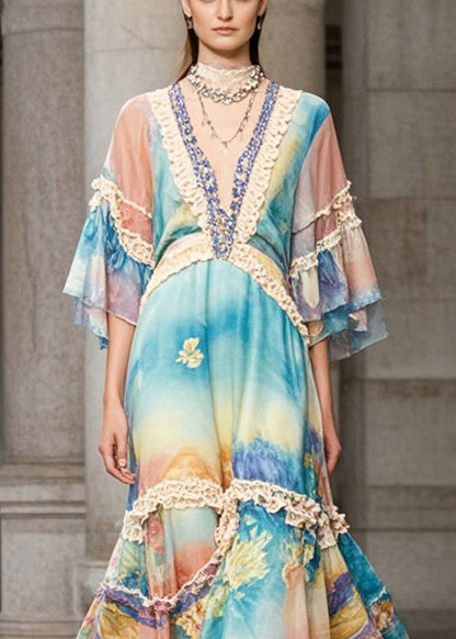 Rainbow Ruffled Patchwork Chiffon Maxi Dress Summer