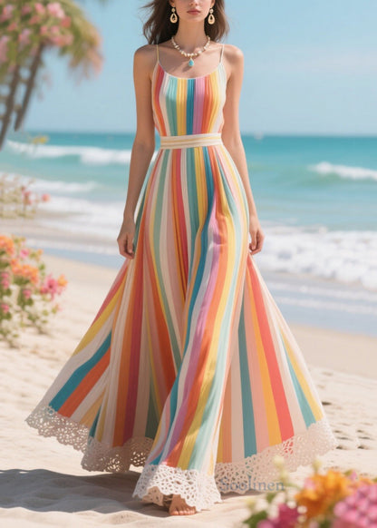 Rainbow Striped Patchwork Lace Chiffon Cami Dresses Summer