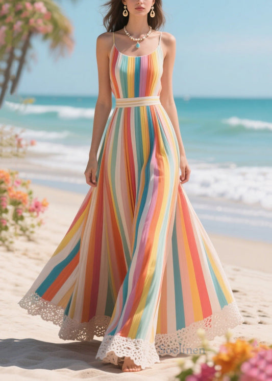 Rainbow Striped Patchwork Lace Chiffon Cami Dresses Summer