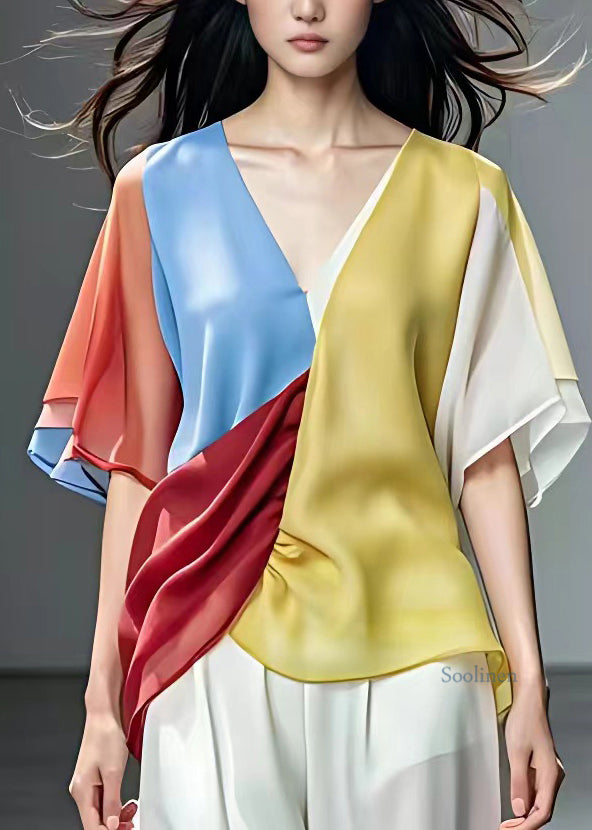 Rainbow V Neck Asymmetrical Chiffon Shirts Short Sleeve