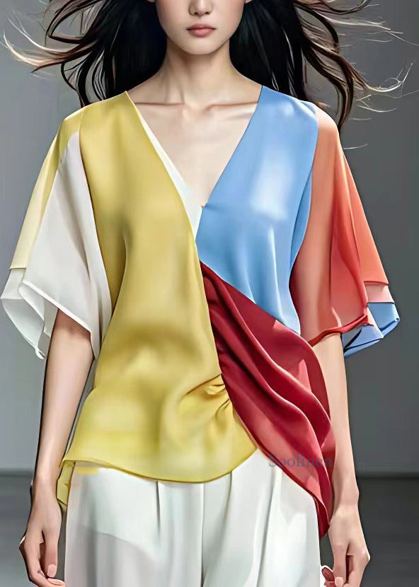 Rainbow V Neck Asymmetrical Chiffon Shirts Short Sleeve