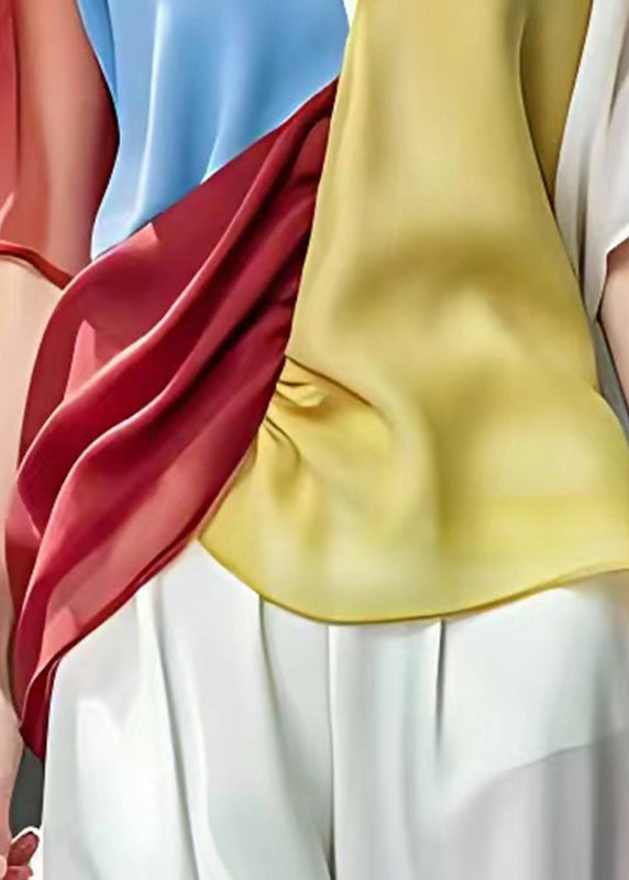 Rainbow V Neck Asymmetrical Chiffon Shirts Short Sleeve