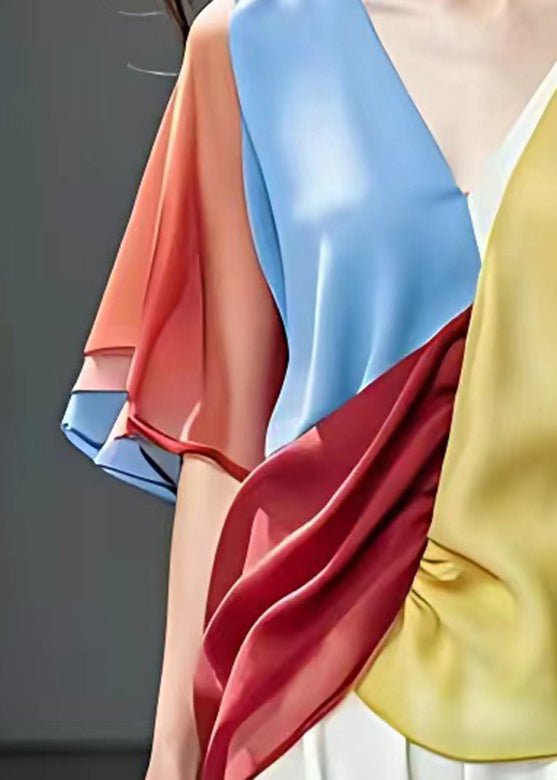 Rainbow V Neck Asymmetrical Chiffon Shirts Short Sleeve