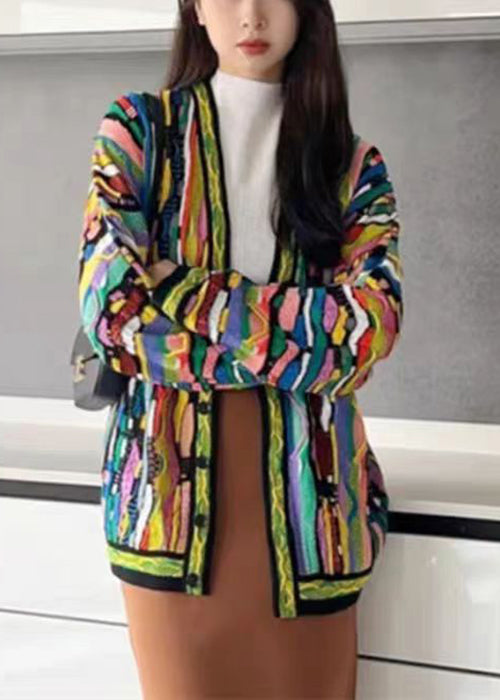 Rainbow V Neck Button Cotton Knit Cardigan Long Sleeve