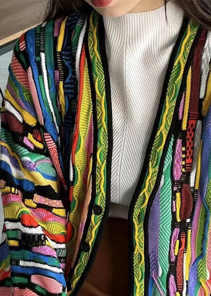 Rainbow V Neck Button Cotton Knit Cardigan Long Sleeve