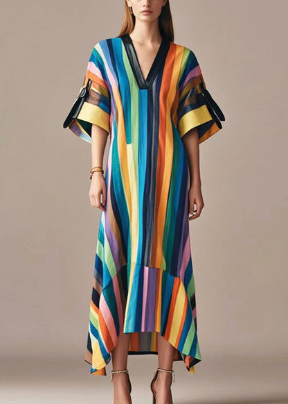 Rainbow V Neck Striped Cotton Long Dress Summer
