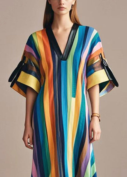 Rainbow V Neck Striped Cotton Long Dress Summer
