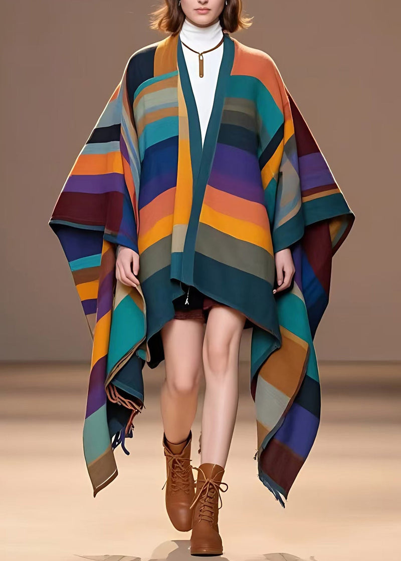 Rainbow V Neck Striped Woolen Coat Long Fall
