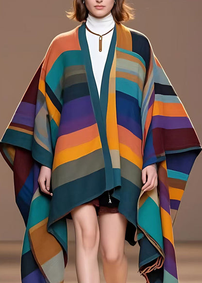Rainbow V Neck Striped Woolen Coat Long Fall