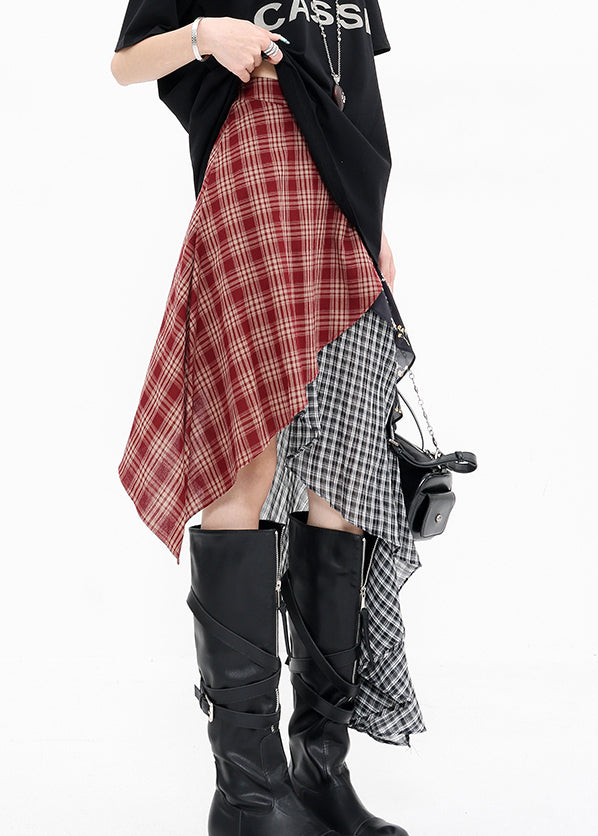 Red Asymmetrical Plaid Cotton Skirts Summer