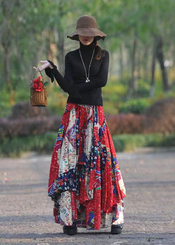 Red Asymmetrical Print Exra Large Hem Linen Skirt Spring