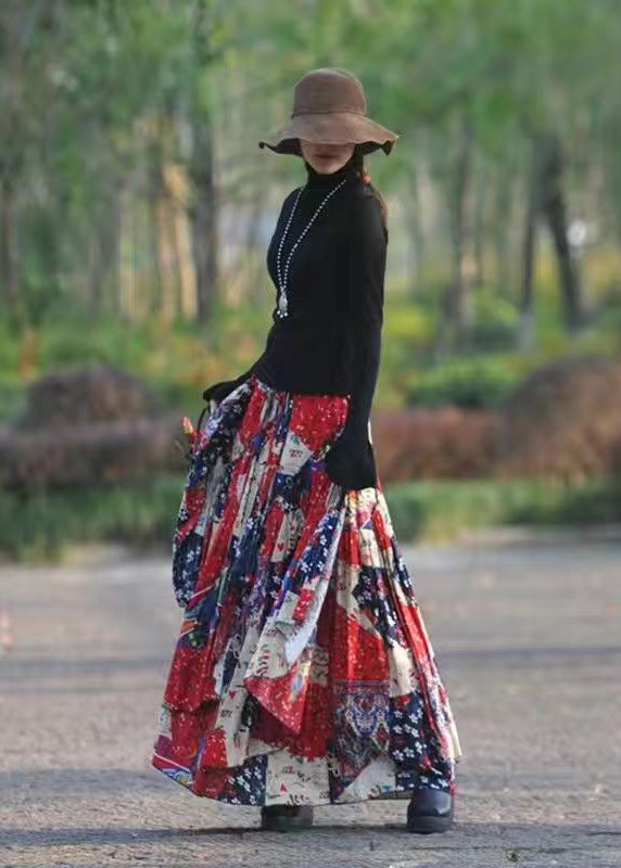 Red Asymmetrical Print Exra Large Hem Linen Skirt Spring
