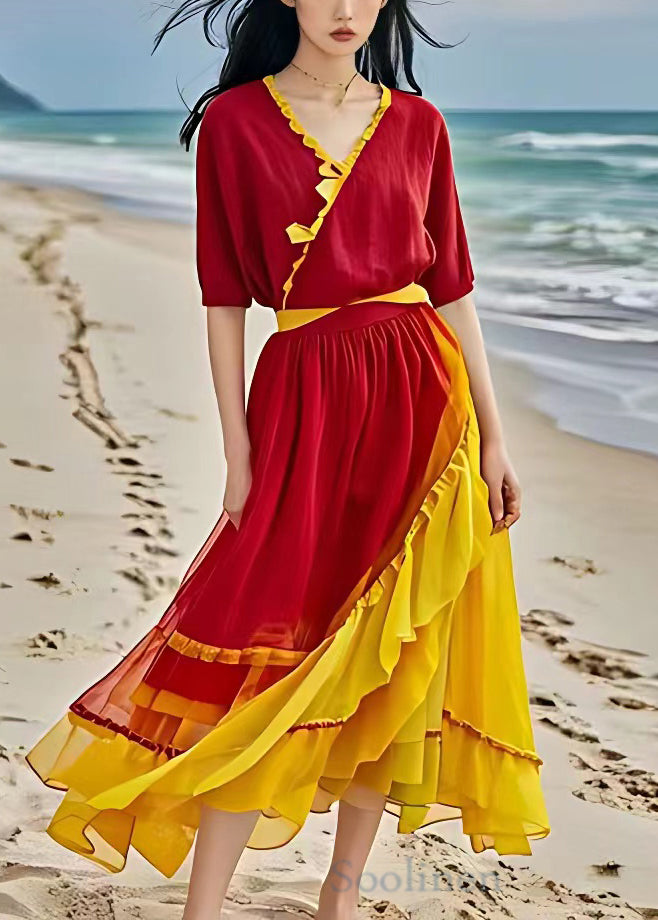 Red Asymmetrical Ruffled Patchwork Chiffon Dress Summer