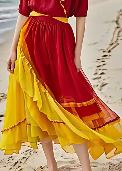 Red Asymmetrical Ruffled Patchwork Chiffon Dress Summer
