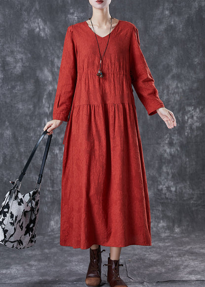 Red Cinched Patchwork Linen Dresses Fall