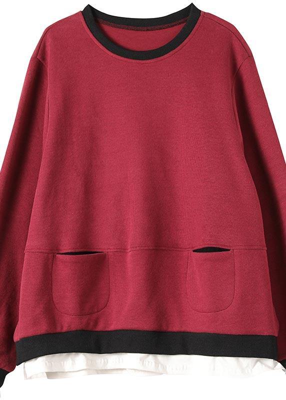 Beautiful Red Clothes For Women O Neck False Two Pieces Silhouette Spring Blouse