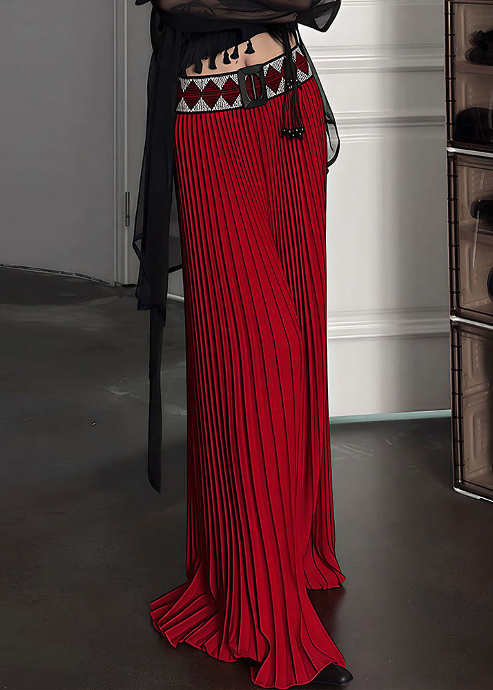 Red Elastic Waist Draping Silk Pleated Skirt Spring