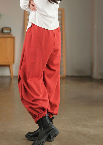 Red Elastic Waist Embroideried Warm Fleece Beam Pants Winter