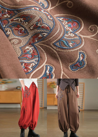 Red Elastic Waist Embroideried Warm Fleece Beam Pants Winter
