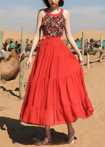 Red Embroidered Lace Up Chiffon Long Dress Sleeveless