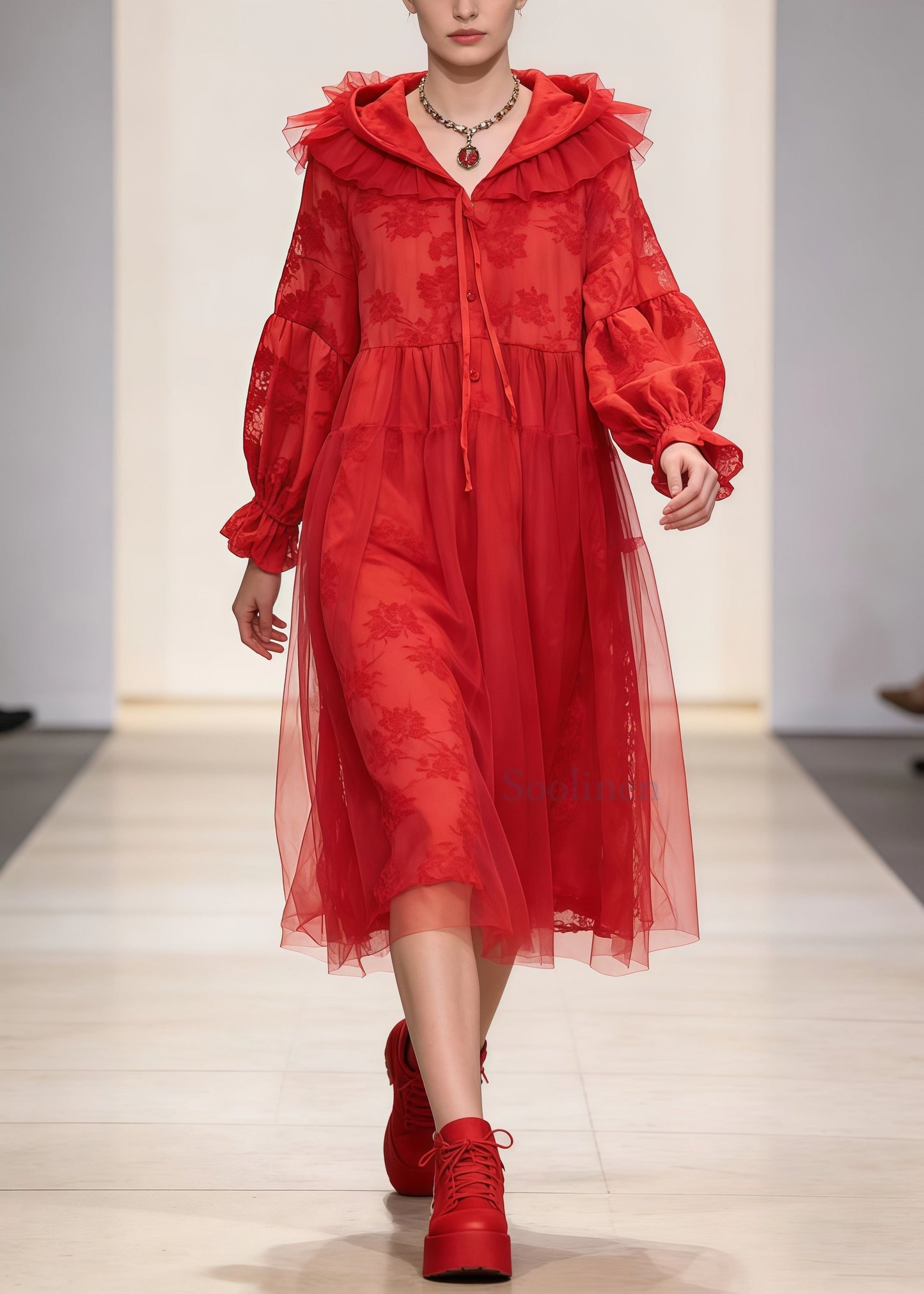 Red Embroidered Patchwork Tulle Hooded Dress Spring