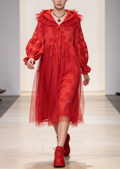 Red Embroidered Patchwork Tulle Hooded Dress Spring