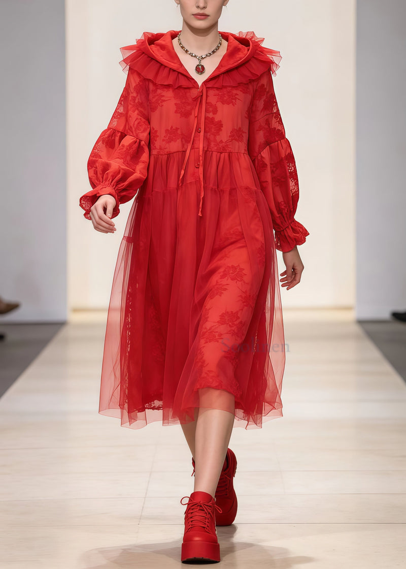 Red Embroidered Patchwork Tulle Hooded Dress Spring