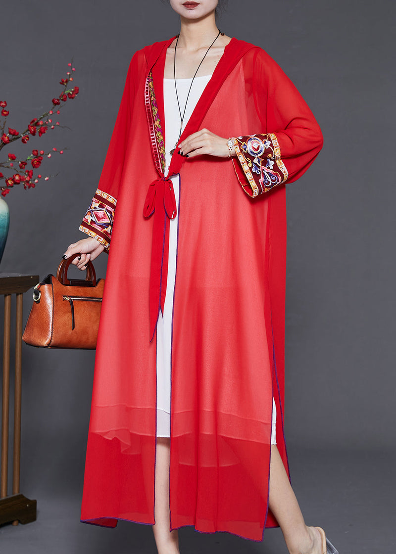 Red Embroidered Side Open Chiffon Hooded Cardigan Summer