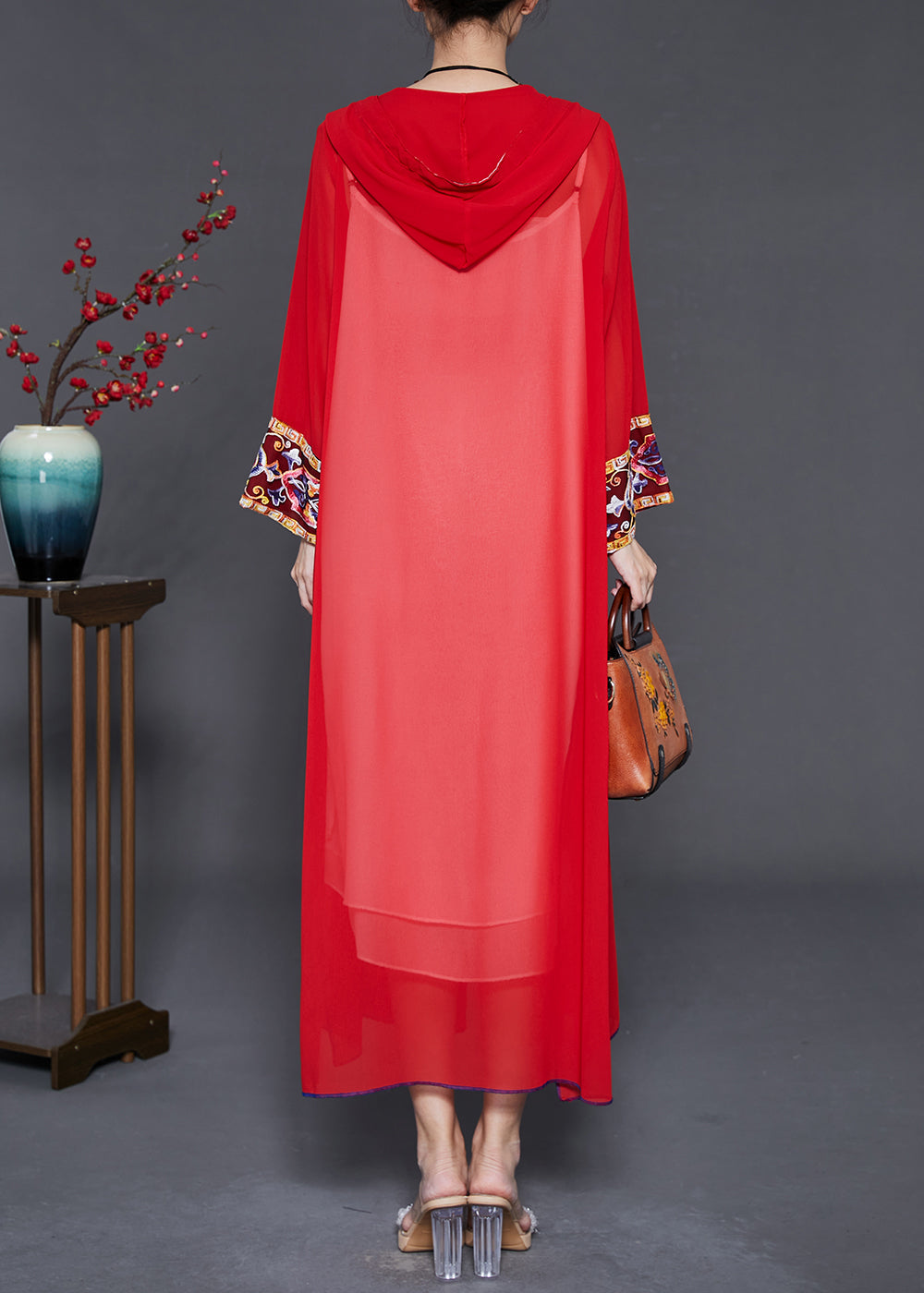 Red Embroidered Side Open Chiffon Hooded Cardigan Summer