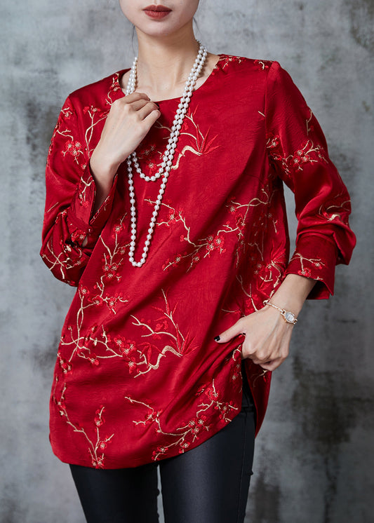 Beautiful Red Embroidered Silk Blouses Fall
