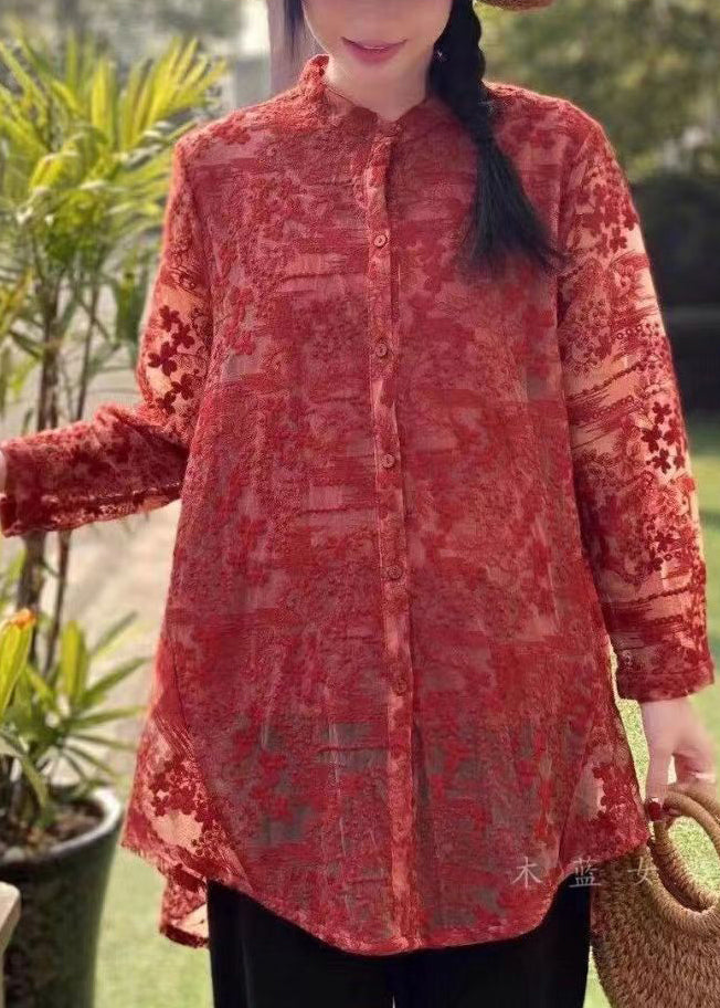 Red Embroidered Button Patchwork Lace Shirt Fall