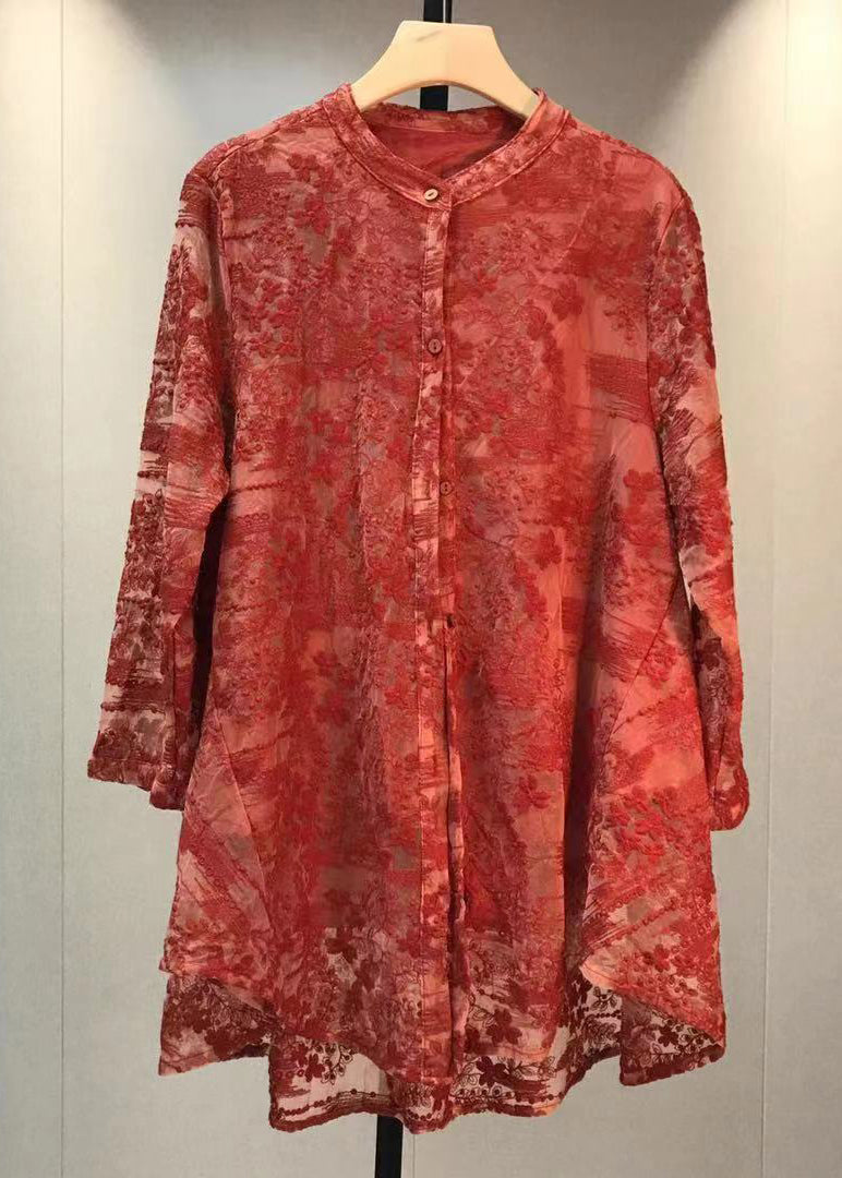 Red Embroidered Button Patchwork Lace Shirt Fall