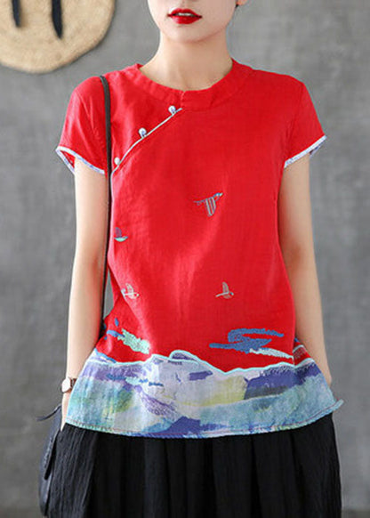 Red Embroidered Chinese Button Cotton Tank Short Sleeve