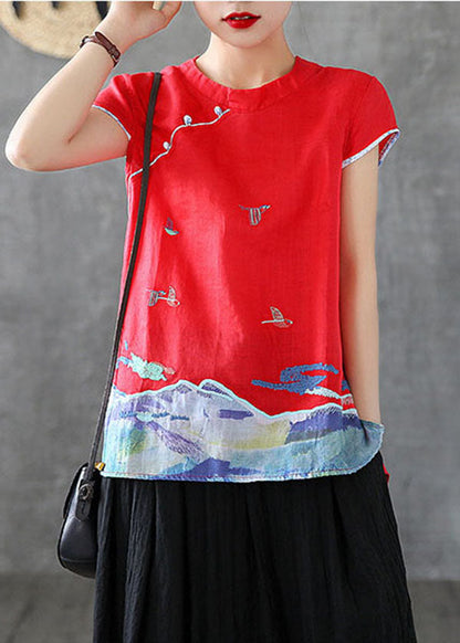 Red Embroidered Chinese Button Cotton Tank Short Sleeve