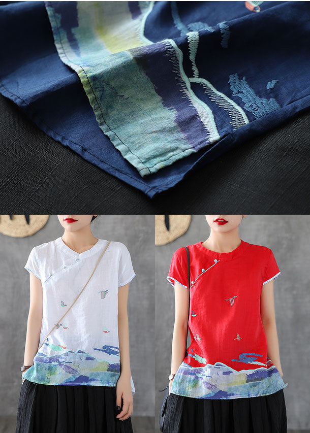 Red Embroidered Chinese Button Cotton Tank Short Sleeve