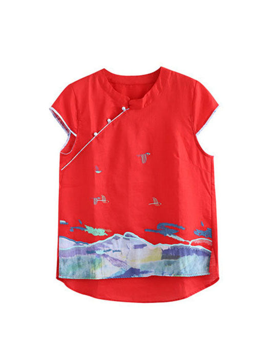 Red Embroidered Chinese Button Cotton Tank Short Sleeve