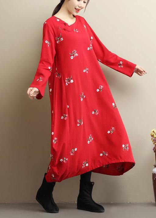 Red Embroidery Long Dress O Neck Asymmetric Art Spring Dresses