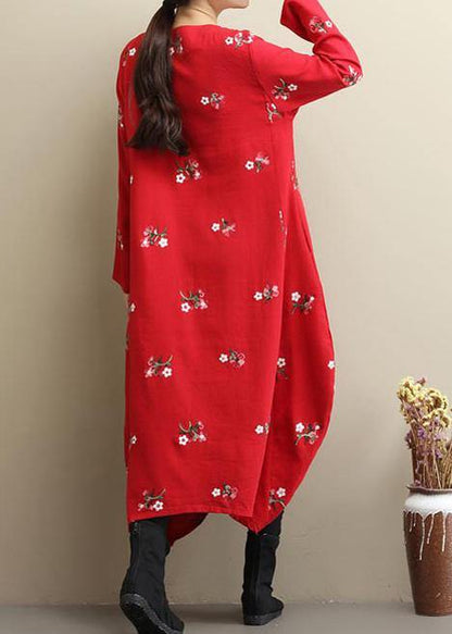 Red Embroidery Long Dress O Neck Asymmetric Art Spring Dresses