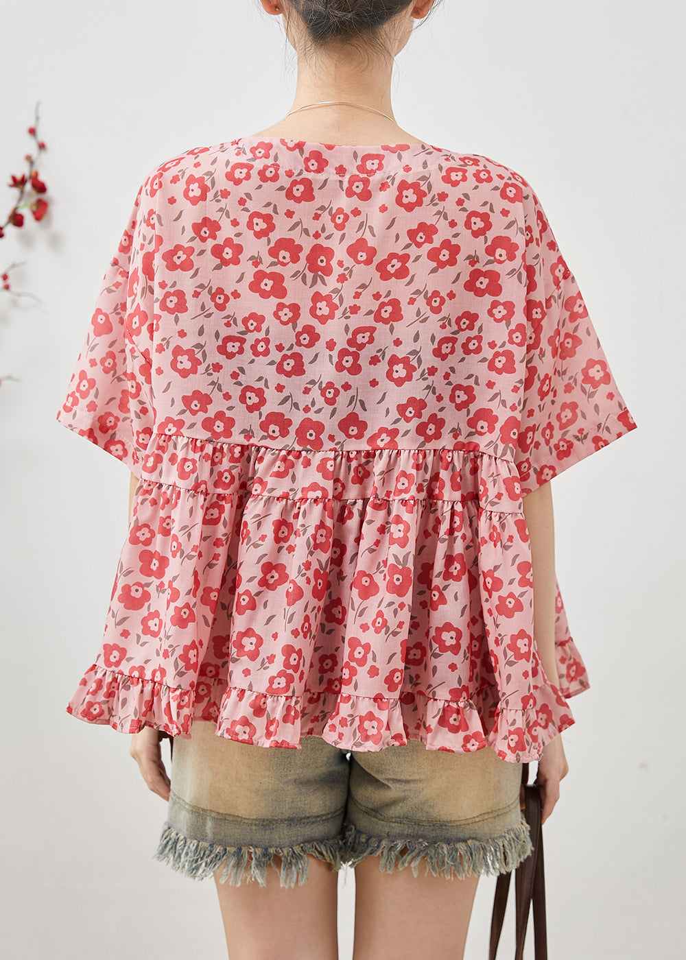 Red Cotton Blouses Chinese Button Summer