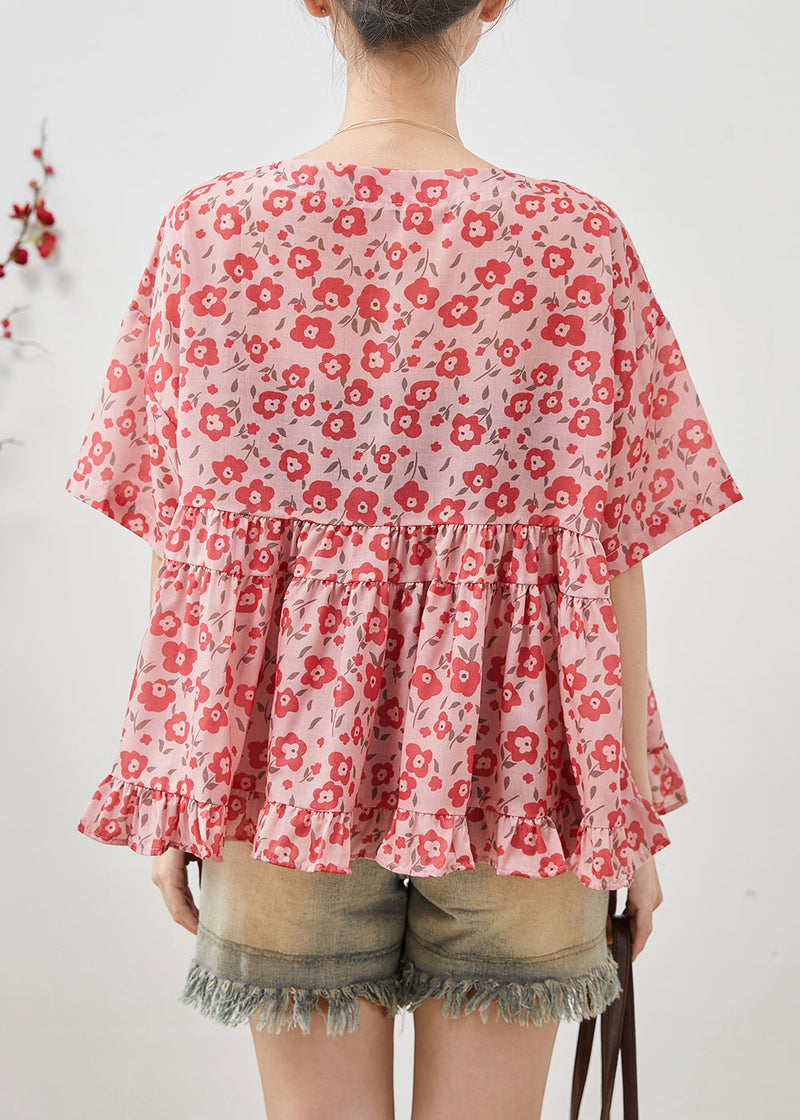 Red Cotton Blouses Chinese Button Summer