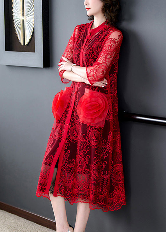 Red Hollow Out Tulle Long Coat Half Sleeve