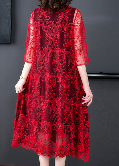 Red Hollow Out Tulle Long Coat Half Sleeve