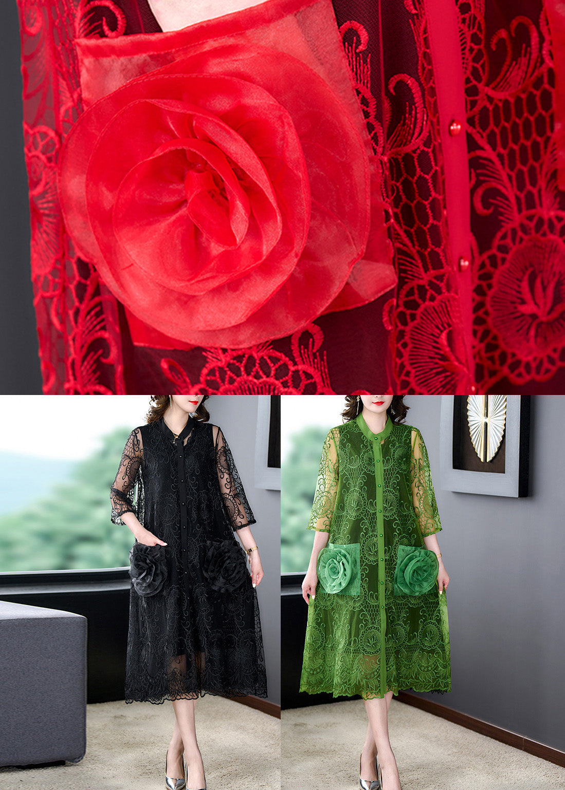 Red Hollow Out Tulle Long Coat Half Sleeve