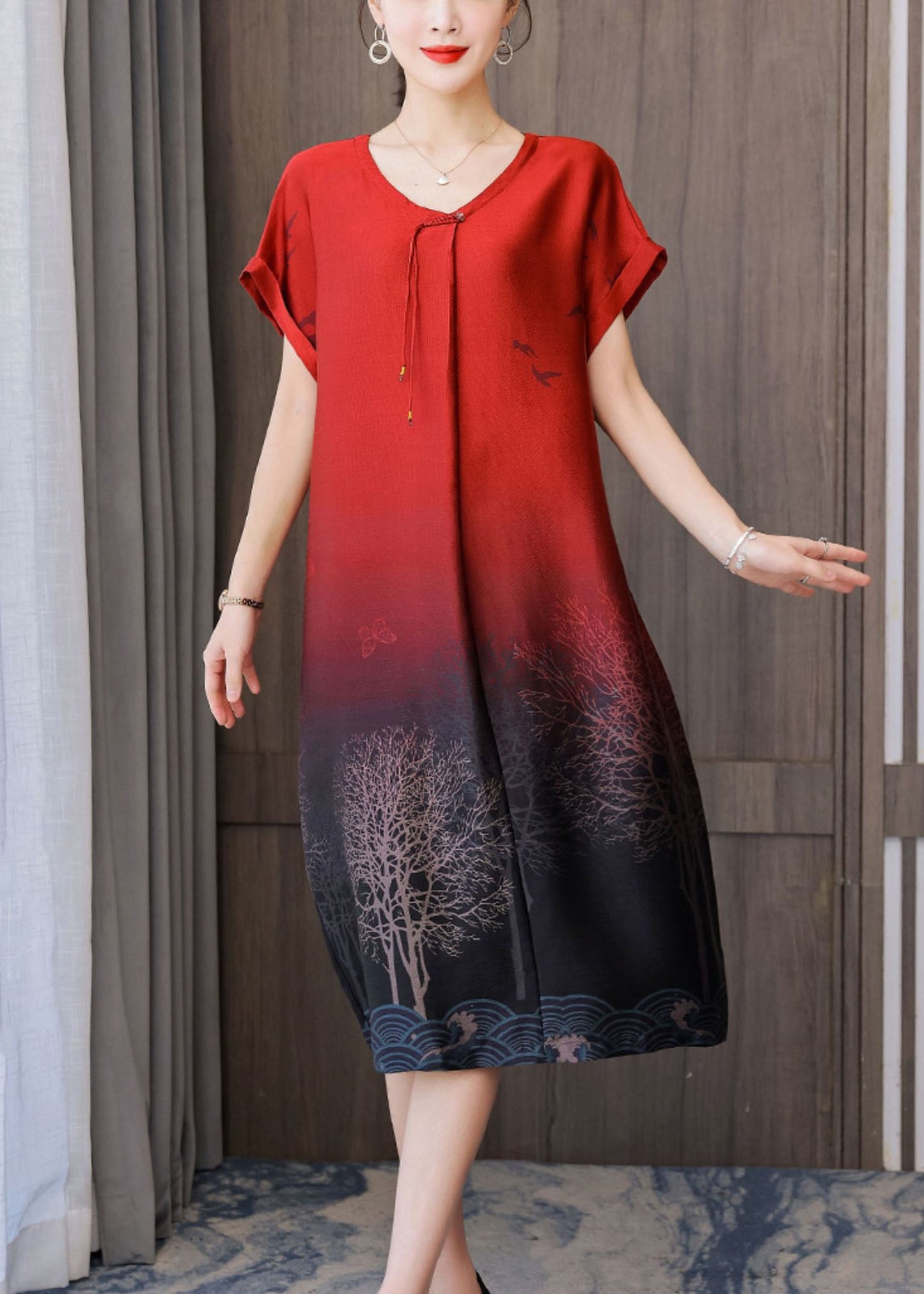 Red Gradient Color O-neck Tassel Print Silk Dresses Short Sleeve
