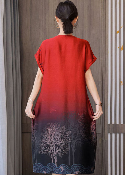 Red Gradient Color O-neck Tassel Print Silk Dresses Short Sleeve